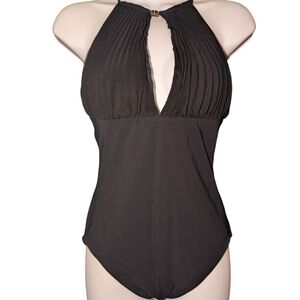 Gottex Black Halter One-Piece Swimsuit with sheer Pleated Bodice
